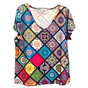 MISSLOOK Size XL Colorful Tiles Print Cotton Blend V-neck Short Sleeve Tee